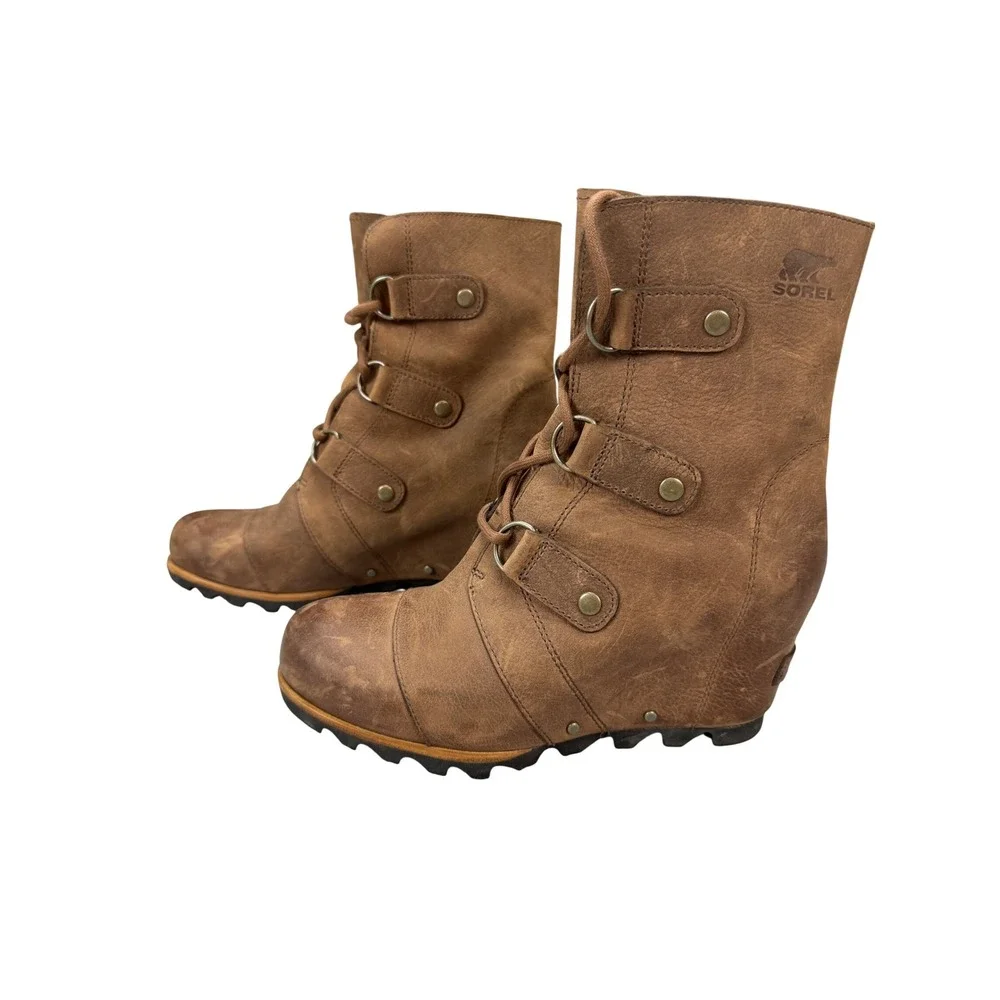 Sorel‎ Joan of Arctic Wedge II Brown Leather Lace Up Ankle Boots Womens 8 NL2305